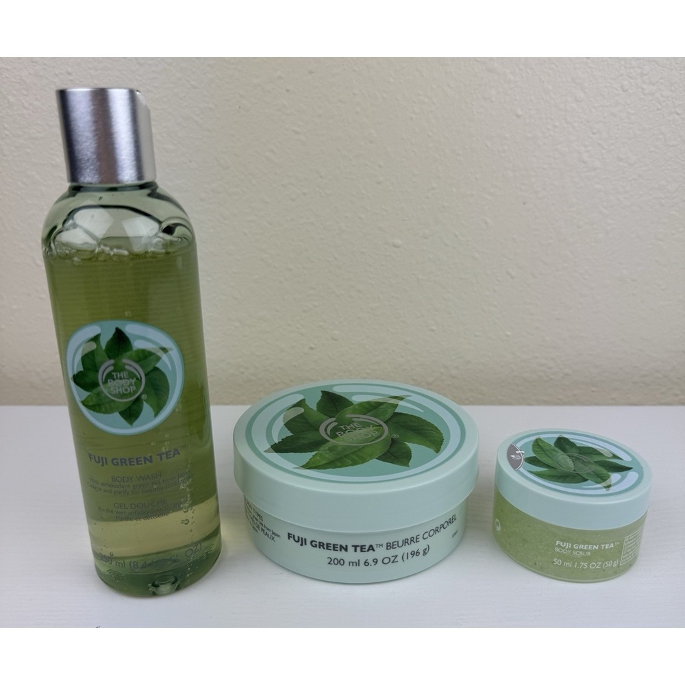 THE BODY SHOP FUJI GREEN TEA Body Scrub Wash Butter Mothers Day Gift Set NIB - Picture 2 of 16